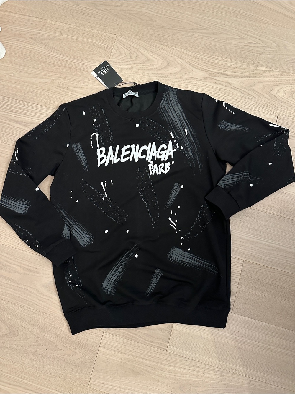 Balenciaga Black Crewneck Sweater with White Paint-Effect Logo